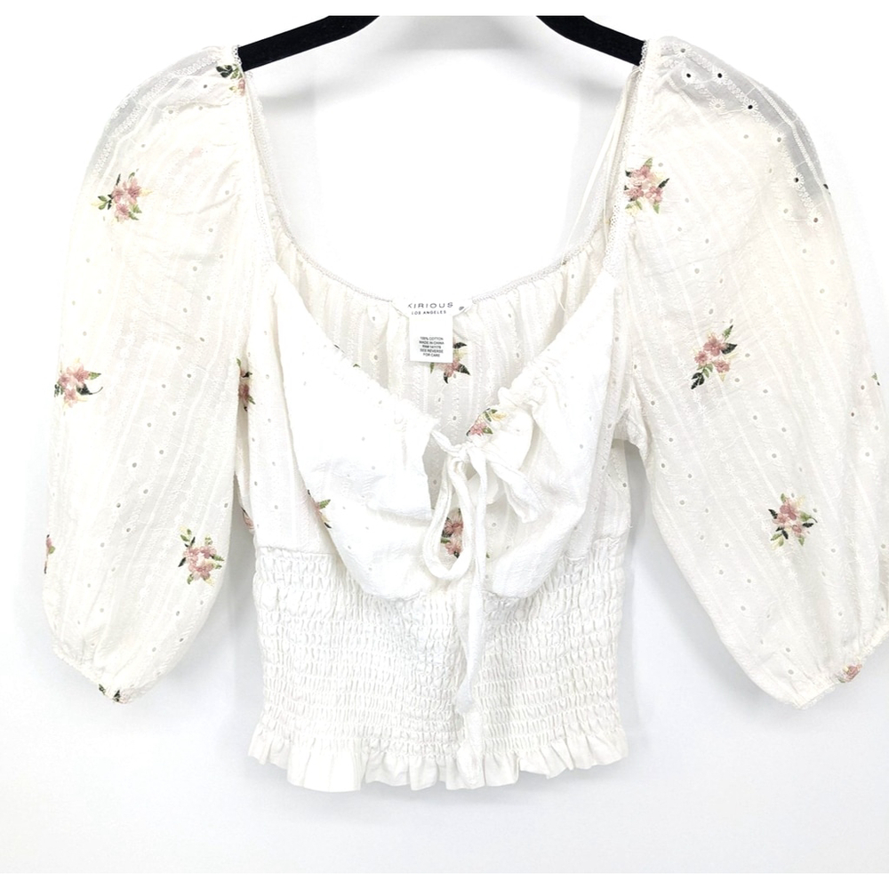 Kirious Blouse Womens XS White Puff Sleeve Floral Embroidered Peasant Y2K Top